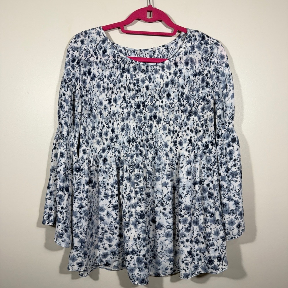 Womens Navy Blue White Floral Print Bell Sleeve Tunic Top Blouse size‎ L(?)